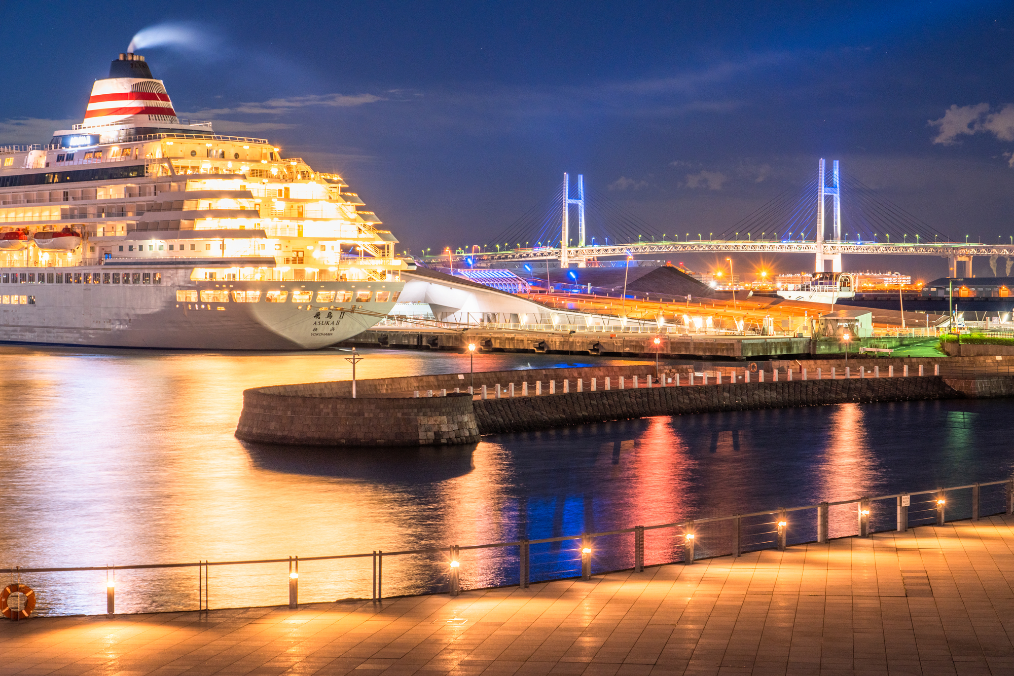 巨大客船とレインボーブリッジの夜景