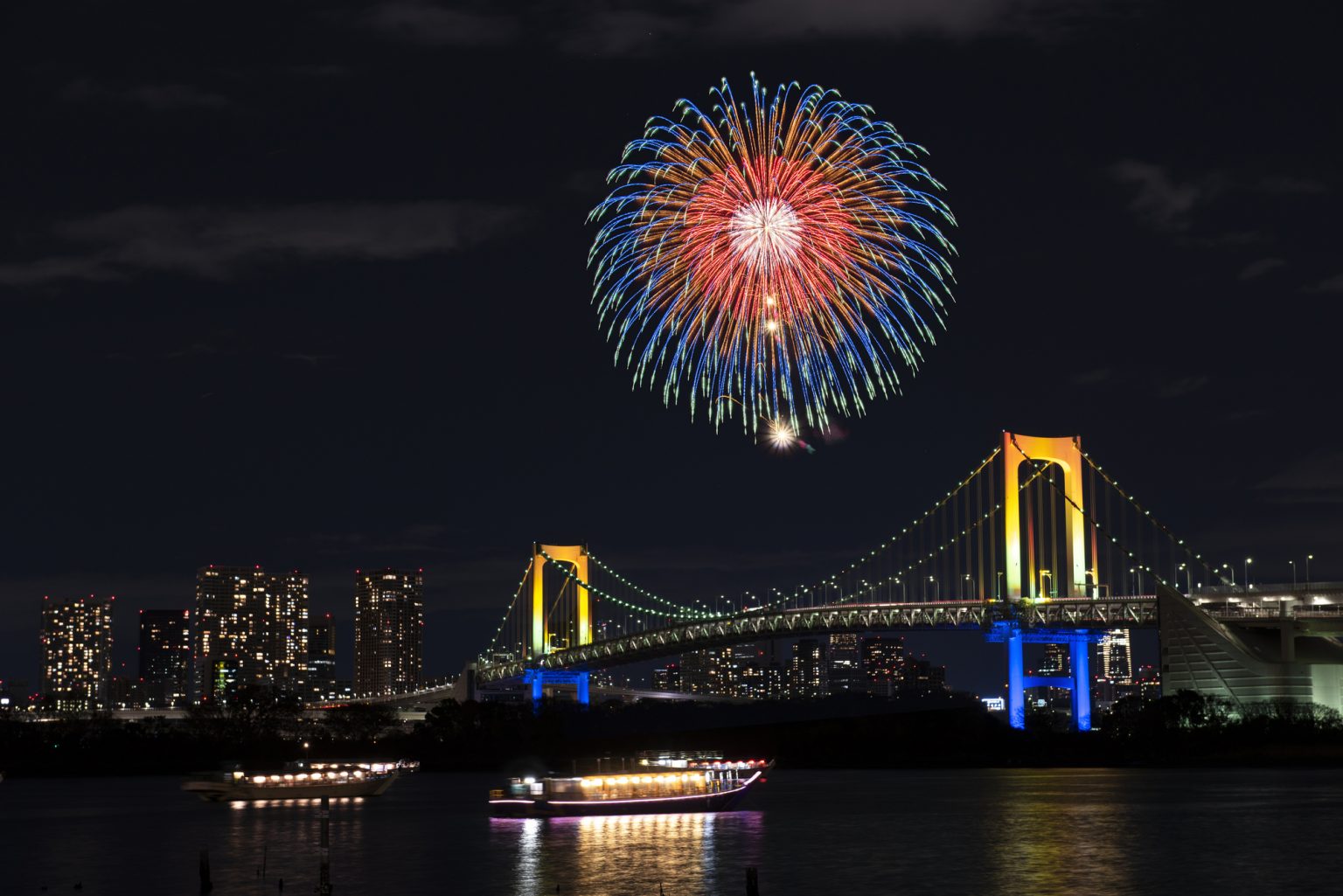 夏の洋風屋形船と夜景と花火